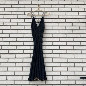 Asprey London Black Sheer Striped Evening Gown Ruched Bodice Strappy Back Dress
